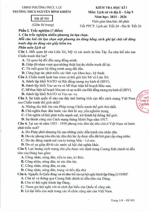 Đề thi Học kì 1 Lịch sử và Địa lí 9 năm 2025-2026 trường THCS Nguyễn Bỉnh Khiêm (Hà Nội)